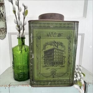 Antique Large Tin Container Green Great American Tea Company New York